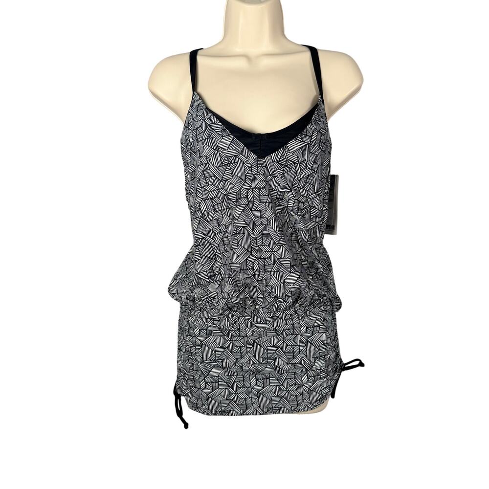 Athleta Tankini Top Tunic 32 D/DD Black White Laguna Side Scrunch UPF 50 Swim‎